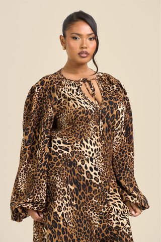 Curve Satin Statement Sleeve Leopard Print Maxi Dress