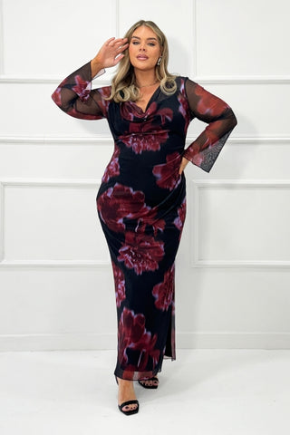 Curve Cowl  neck Mesh flare sleeve Dark floral Maxi Dress
