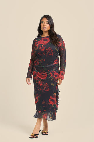 Curve Rose Print Ruffle Hem Mesh Midi Dress