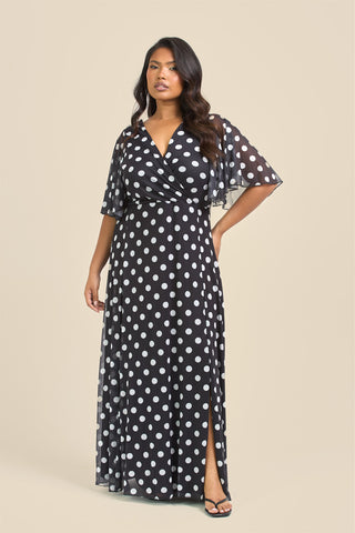 Curve Angel Sleeve Wrap Front Polka Dot Maxi Dress