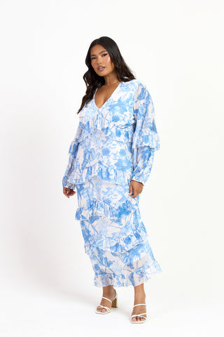 Curve Blue Floral Print Ruffle Balloon Sleeve Maxi Dress