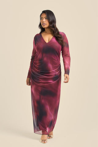 Curve plunge neck burgundy ruched mesh midaxi dress