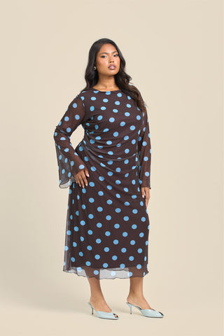 Curve Polka Dot Long Sleeve Ruched Mesh Midi Dress