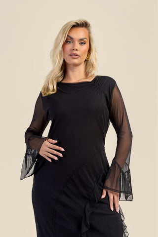 Curve Mesh Ruffle Sleeve Midi Dress
