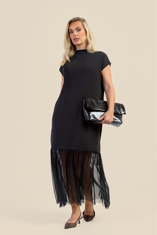 Curve Capped Sleeve Mesh Hem Maxi Dress