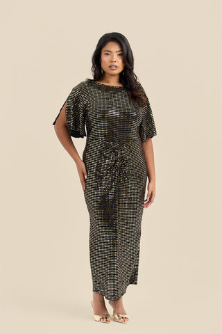 Plus Size Gold Sequin Ruched Flutter Sleeve Midi Dress