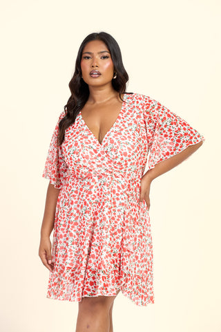 Curve Ditsy Floral Print Wrap And Ruffle Skater Dress