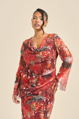Curve Cowl Neck Abstract Butterfly Flare Sleeve Maxi Dress