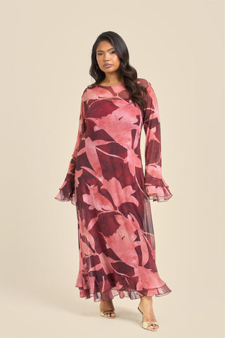 Curve Burgundy Abstract Ruffle Swing Style Maxi Dress