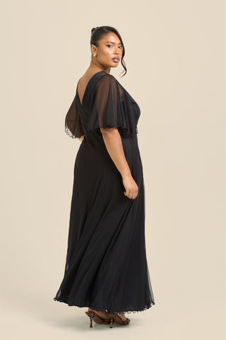 Curve Angel Sleeve Wrap Front Black Mesh Maxi Dress