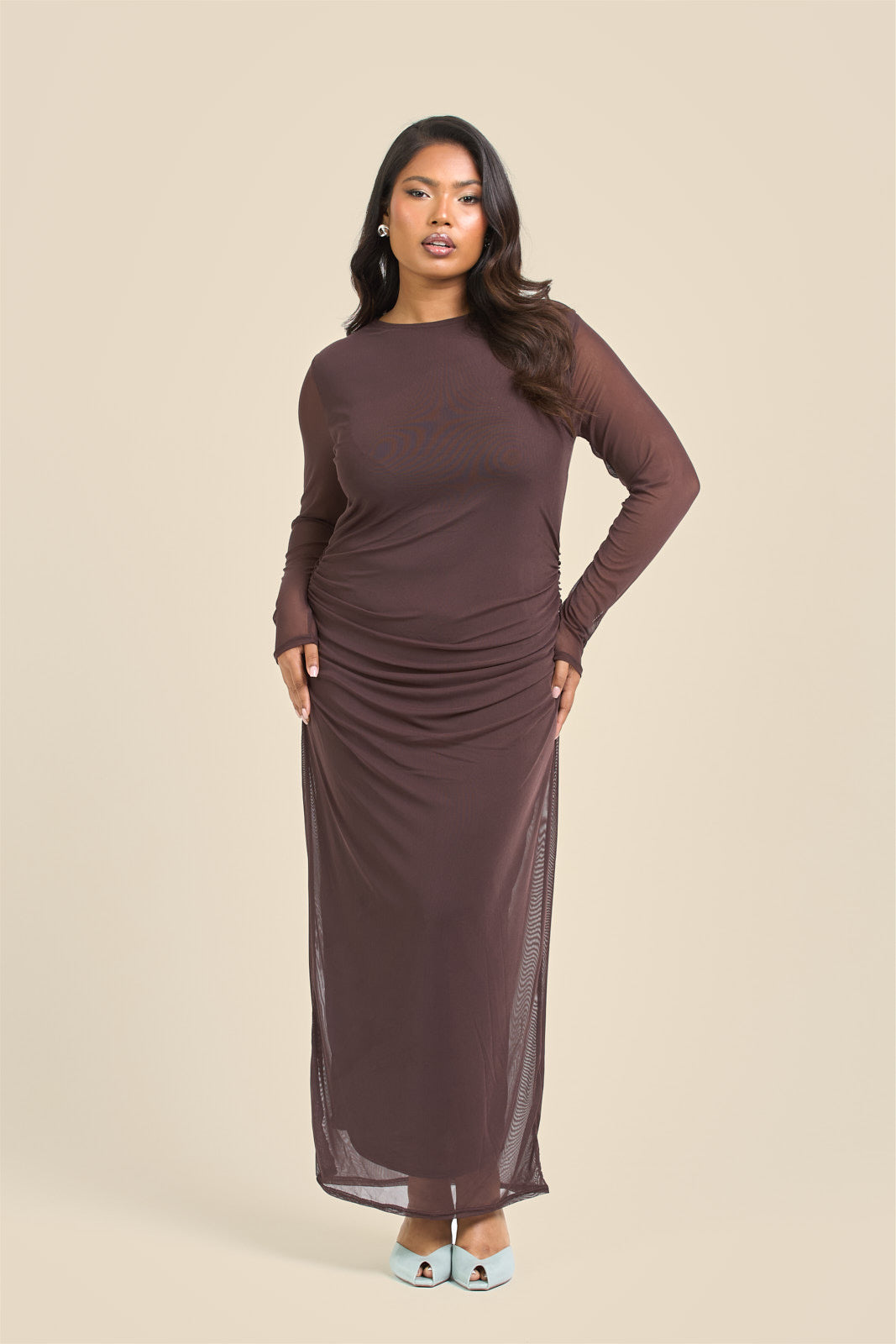 Curve long sleeve chocolate mesh midaxi dress Fashion//SZN Curve long sleeve chocolate mesh midaxi dress Fashion//SZN