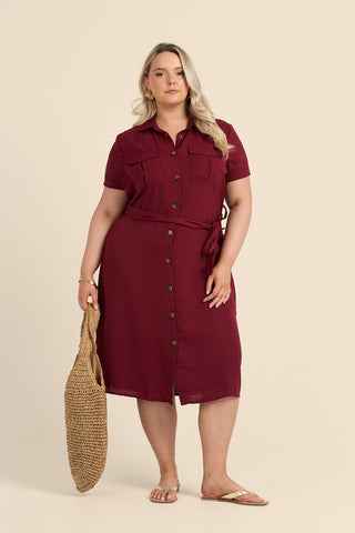 Curve Button Front Belted Shirt Dress