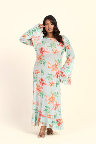 Curve Lily Print Long Sleeve Ruffle Swing Maxi Dress