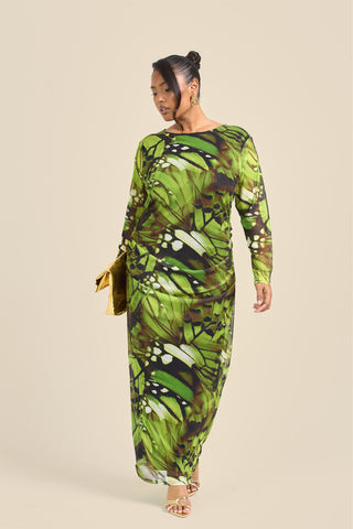 Curve Abstract Print Ruched Mesh Midaxi Dress