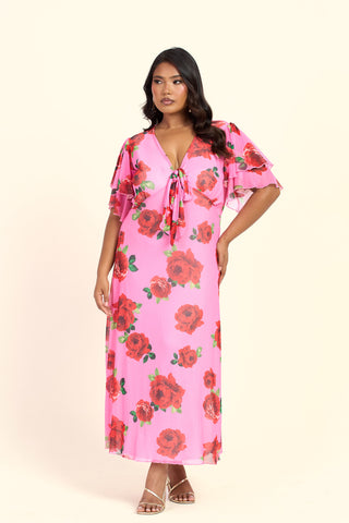 Curve Bold Floral Flutter Sleeve Tie Front Midi Dress