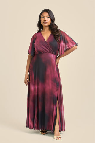 Curve Angel Sleeve wrap front maxi dress in berry abstract print