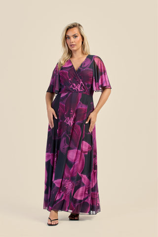 Curve Dark Purple Floral Wrap Front Angel Sleeve Maxi Dress