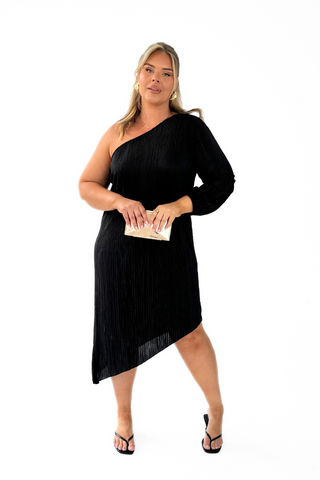 Curve one shoulder Plisse midi dress in black