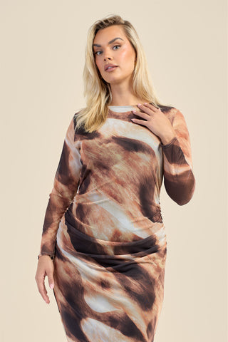 Curve long sleeve mesh abstract print midaxi print