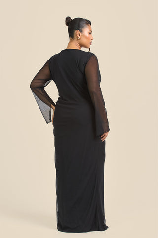 Curve Cowl Neck Long Sleeve Mesh Maxi Dress