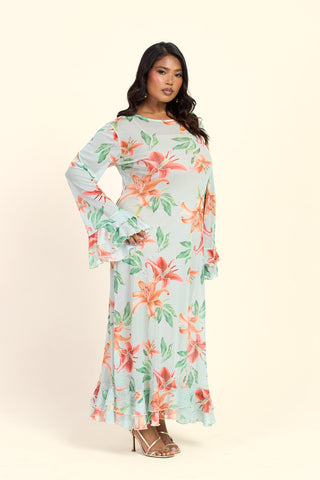 Curve Lily Print Long Sleeve Ruffle Swing Maxi Dress