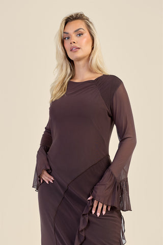 Curve Mesh Ruffle Sleeve Midi Dress
