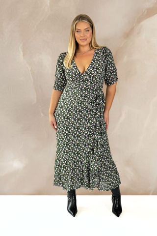 Curve Wrap and ruffle midi dress in floral print