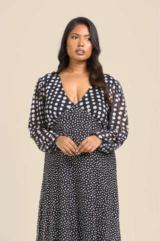 Curve Mixed Polka Dot Balloon Sleeve Midi Dress