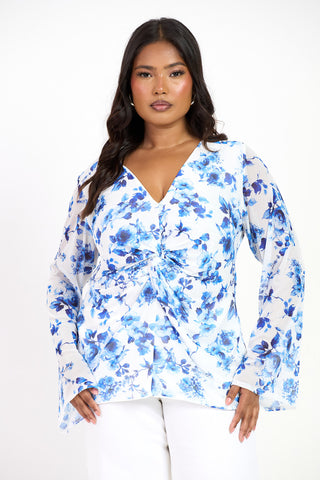 Curve Blue Floral Twist Front Flare Sleeve Top