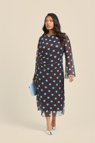 Curve Polka Dot Long Sleeve Ruched Mesh Midi Dress