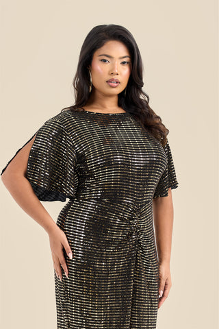 Plus Size Gold Sequin Ruched Flutter Sleeve Midi Dress