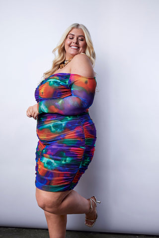 Mesh ruched bardot mini dress in watercolour print