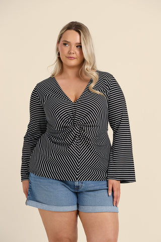 Curve Monochrome Knitted Stripe Twist Front Flare Sleeve Top