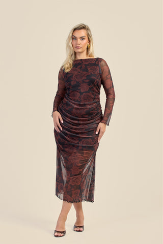 Curve Autumn Rose Ruched Mesh Midaxi Dress