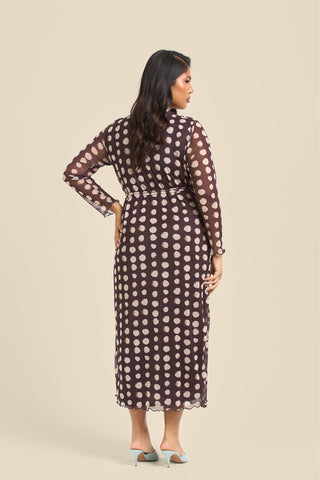 Curve Chocolate Polka Dot Wrap Over Tie Side Midaxi Dress