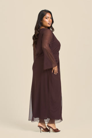 Curve Twist Front Plain Mesh Midaxi Dress
