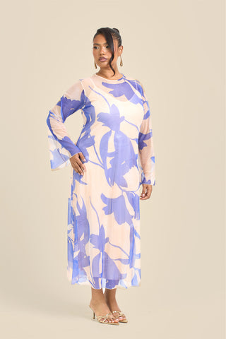 Curve Swing Style Floral Abstract Mesh Midaxi Dress