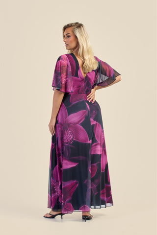 Curve Dark Purple Floral Wrap Front Angel Sleeve Maxi Dress