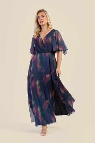 Curve Dark Water Colour Wrap Front Angel Sleeve Maxi Dress