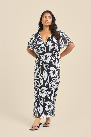 Curve Floral Mono Print Flutter Sleeve Midi Dress