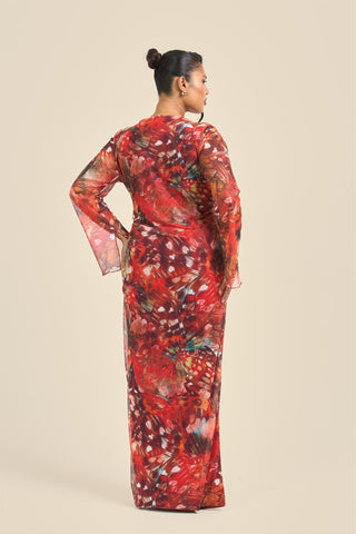 Curve Cowl Neck Abstract Butterfly Flare Sleeve Maxi Dress