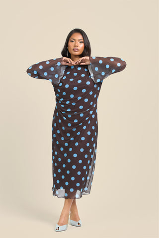 Curve Polka Dot Long Sleeve Ruched Mesh Midi Dress