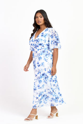 Curve Blue Floral Lace Trim Flutter Sleeve Midi Dress