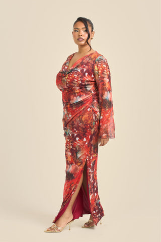 Curve Cowl Neck Abstract Butterfly Flare Sleeve Maxi Dress