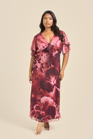 Curve Bold Pansy Print Flutter Sleeve Tie Front Midi Dress