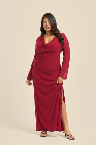 Curve Cowl neck burgundy mesh dress