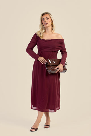 Curve Gathered Neck Long Sleeve Midi Dress