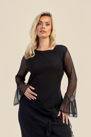 Curve Mesh Ruffle Sleeve Midi Dress