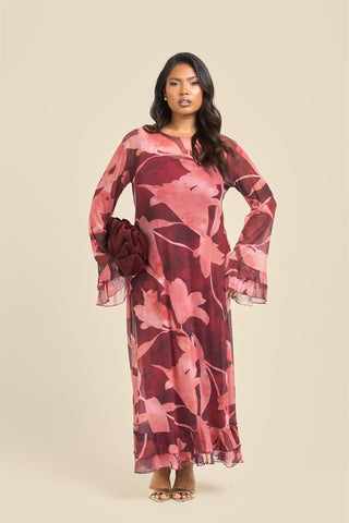 Curve Burgundy Abstract Ruffle Swing Style Maxi Dress