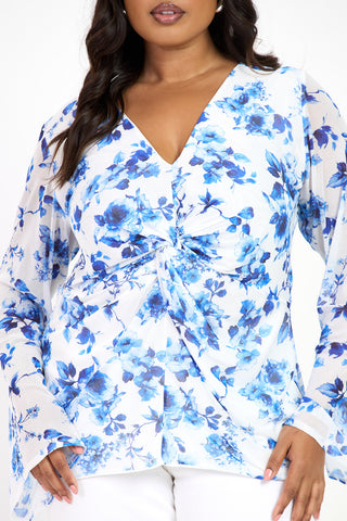 Curve Blue Floral Twist Front Flare Sleeve Top